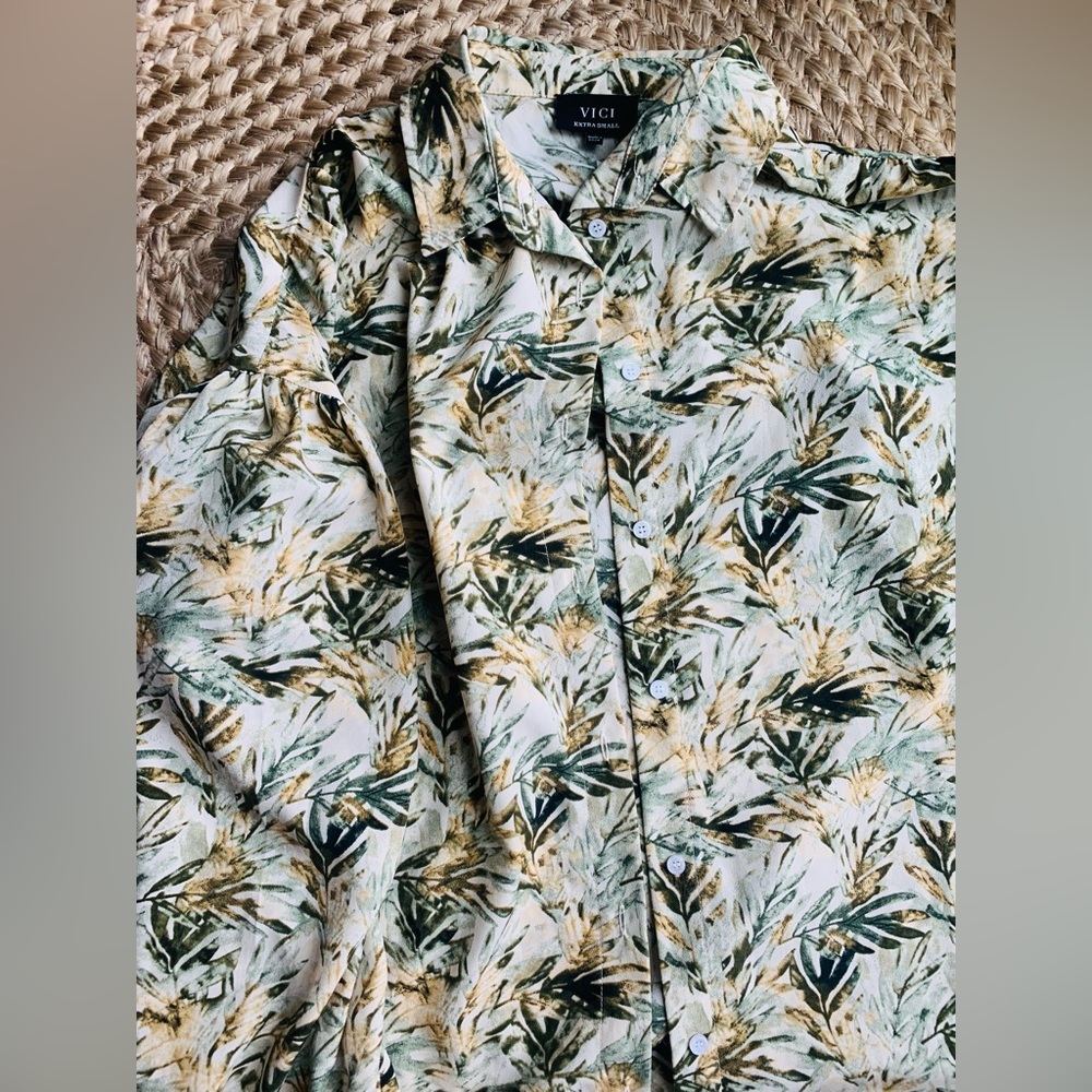 Palm print button-down boyfriend cover up